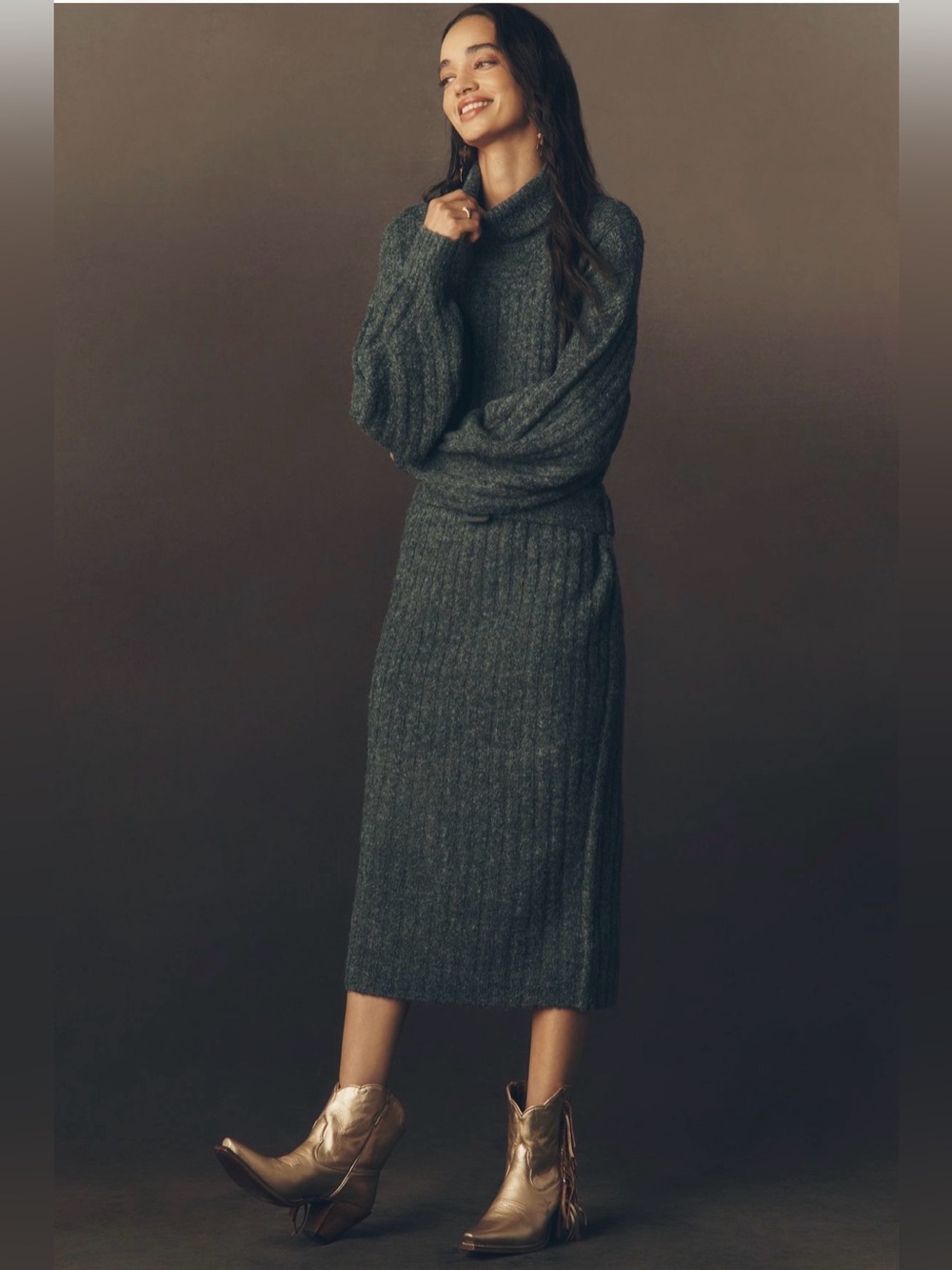 Anthropologie Long-Sleeve Turtleneck Belted Sweater Midi Dress